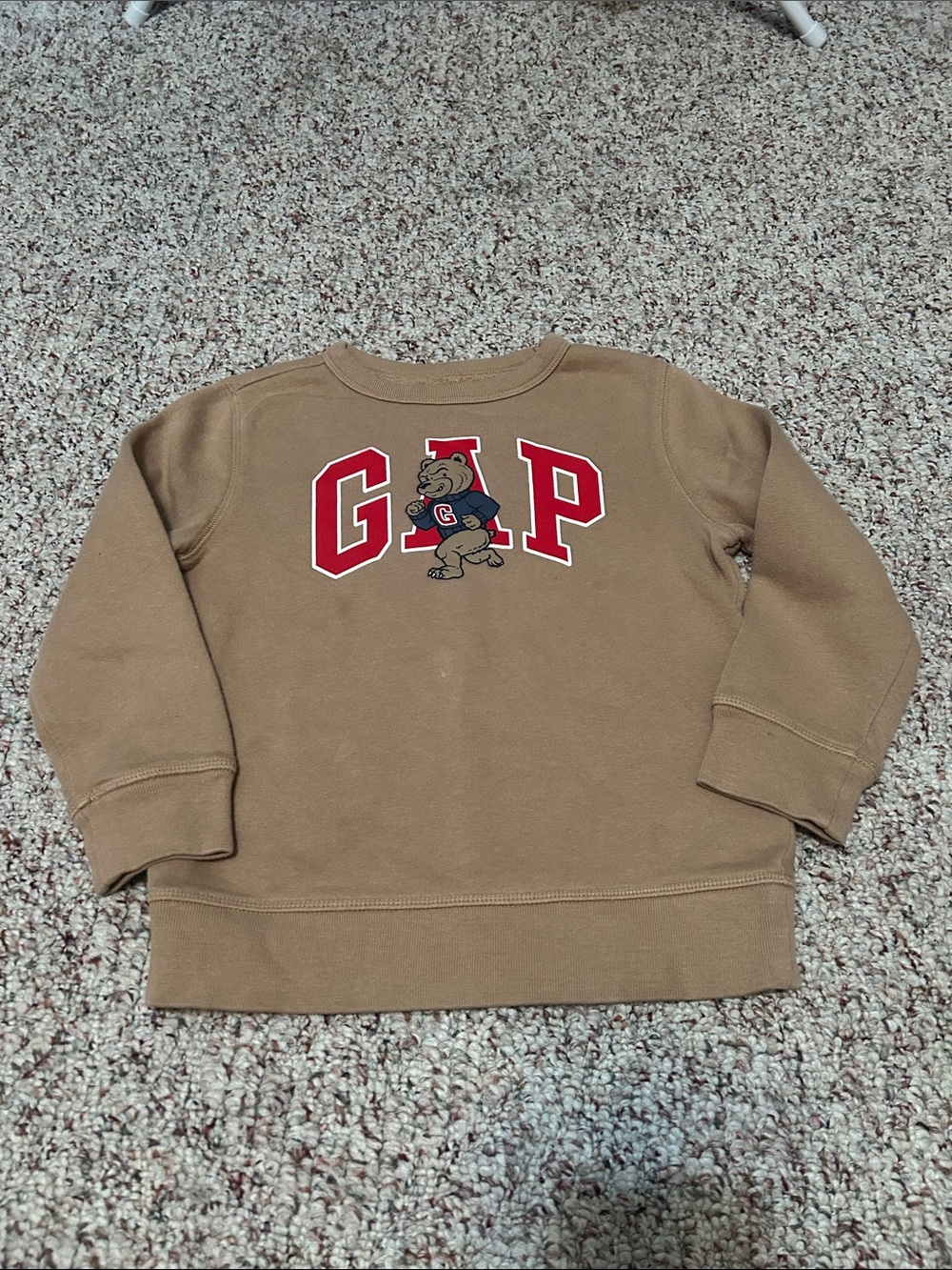 GAP Kids Camel/Tan Crewneck Sweatshirt with Red Logo & Bear